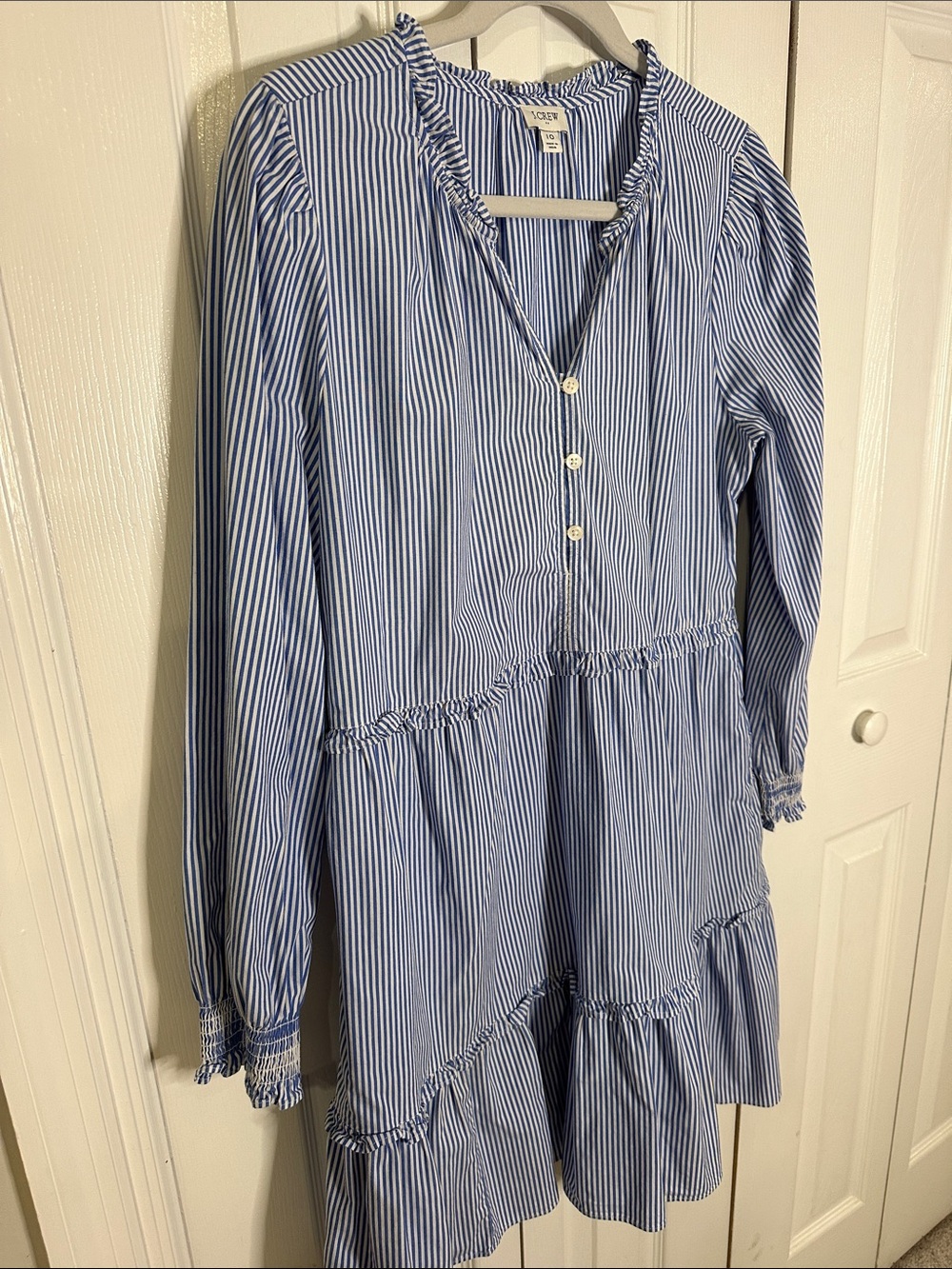 J. Crew Navy and White Striped Tiered Long-Sleeve Dress | 10 - Picture 3 of 8